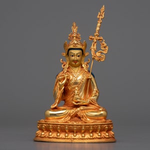 Guru Padmasambhava Statue | Tibetan Guru Rinpoche 24K Gold Gilded Figure | Lotus-Born Enlightened One | Buddhist Tantric Master | Buddha Art