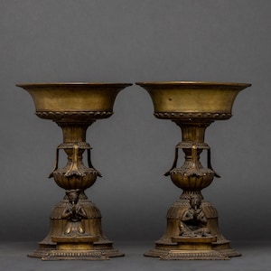 Antique Brass Stand Oil Lamp Set | Buddhist offering light in Butter Lamp | Handcrafted Nepalese Art | Buddhist Craft Souvenir | Gift Ideas