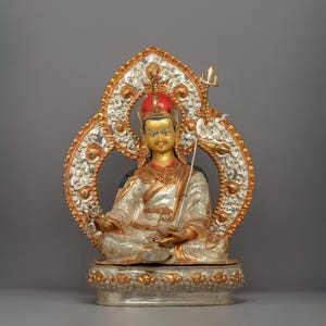 51cm Silver Plated Guru Rinpoche Dharma Statue | Traditional Tibetan Deity Artwork | Buddhist Altar | Meditation Room Decor | Made In Nepal