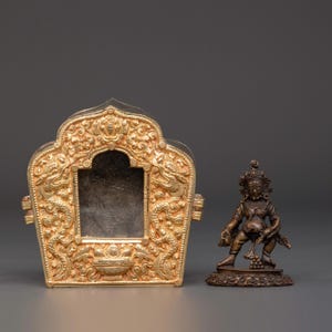 Tibetan Ghau Box with Deity Statue | 24K Gold Gilded Copper Shrine with Oxidized Statue | Buddhist Amulet Box for Altar & Protection Rituals