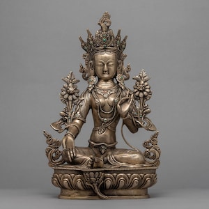 Green Tara Statue | Tibetan Mother Drolma Sculpture | Compassionate Deity | Traditionally Manufactured in Nepal | Silver Plated Tara Statue