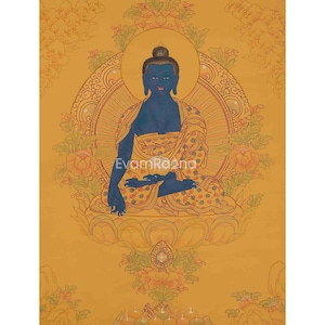 Handbemalter Tibetischer Medizin Buddha | Bhaisajyaguru Thangka-Malerei | Buddhistisches Kunstwerk | Heilender Buddha | Weisheit und Mitgefühl |Für Geschenke
