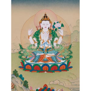 Four Armed Chenrezig, Bodhisattva of Compassion | Avalokiteshvara Thangka | Tibetan Buddhist Art | Wall Hanging | Home Decor | Karma Gadri