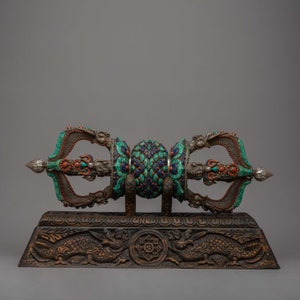 Vajra With Stand | Dorje | Buddhist Ritual Object | Handcarved Artifacts | Decorated with Stones from Nepal | Beautiful Vajra | Thunderbolt