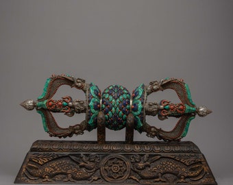 Vajra With Stand | Dorje | Buddhist Ritual Object | Handcarved Artifacts | Decorated with Stones from Nepal | Beautiful Vajra | Thunderbolt