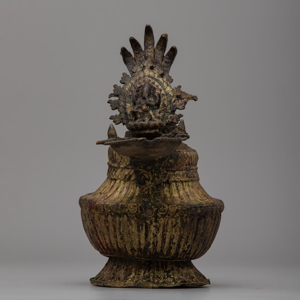 Lord Ganesh Carved Buddhist Butter Lamp - Handcrafted Antique Newari Sukunda | Light offering Item | Beautiful Ritual Souvenir | Art Deco