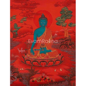 Medizin Buddha Thangka mit Rotem Hintergrund | Bhaisajyaguru Original Handgemaltes Tibetisches Heilkunst | Gemälde für Meditation & Yoga