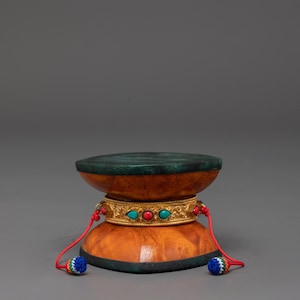 Bhutanese Wood Damaru with Gem Inlay | Ritual Tibetan Drum for Meditation and Puja | Includes Brocade Cover and Carry Cord | Made in Nepal