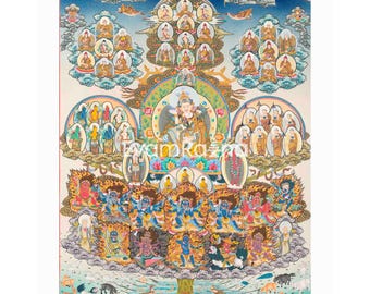 Guru Rinpoche Refuge Tree Thangka Print | Buddhas, Dharmapalas and Buddhist Masters From Nyingma Lineage | Hand Painted Buddhist Artwork