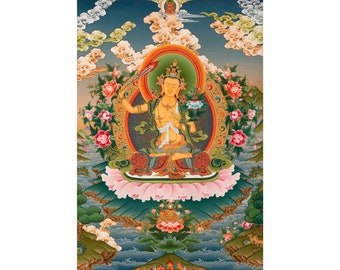 Arya Boddhisattva Manjushri Thangka Prints | Vajrayana Buddhism Painting Print | Religious Tibetan Wall Hanging Art | Digital Prints