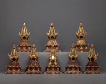 Fine Quality 24k Gold Plated Tibetan Stupa Set | Handmade Copper Body Buddhist Stupa Figurine | High Quality Stupa Set for Home Decor