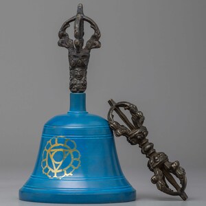 Blue Throat Chakra Tibetan Bell and Vajra | Tibetan Buddhist Meditation Bell and Dorje Set | Buddhist Ritual Items | Buddhist Ritual Object