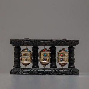 Three-in-One Buddhist Prayer Wheel with Sacred Tibetan Mantras | Table Top Prayer Wheel Set | Handmade Mani Khorlo | Spiritual Blessings Art