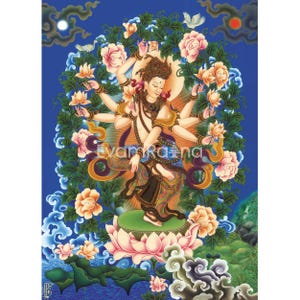 Chenrezig Bodhisattva Of Compassion Thangka Print | Buddhist Deity Tibetan Thangka For Home Decor | Wall Hangings | Avalokiteshvara thangka