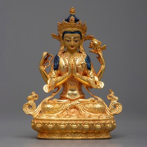 Tibetan Bodhisattva Four -Armed Chenrezig Statue | 24K Gold Plated Avalokiteshvara Figurine| Himalayan Buddhist Sculpture | Meditation Decor