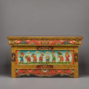 Hand-carved Tibetan Table (Chokchi) with Eight Auspicious Symbols | Foldable Altar Table with Acrylic Painting | Himalayan Ritual Table |