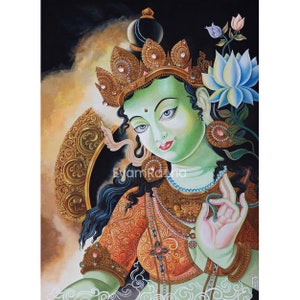 Green Tara Mantra Symbol Newari Print | Mother Of All Buddhas, Green Tara Print For Wall Hanging |Nepali Painting Print For Gift, Room Decor