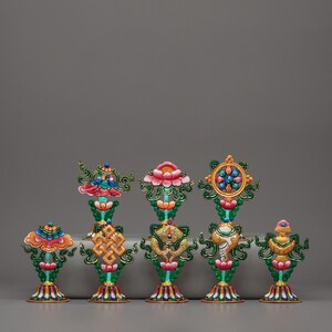 Hand-Painted Sacred 8 Auspicious Symbols | Hand-Painted Tibetan Ritual Art for Enlightenment | Brass Ritual Art for Spiritual Practice |