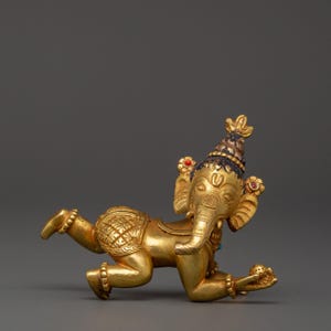 Ganesh Copper Gold-Plated Statue with Cora Stones | Hindu Ganesha Figurine for Home Decor | Spiritual Prosperity | Handmade Altar, Zen art