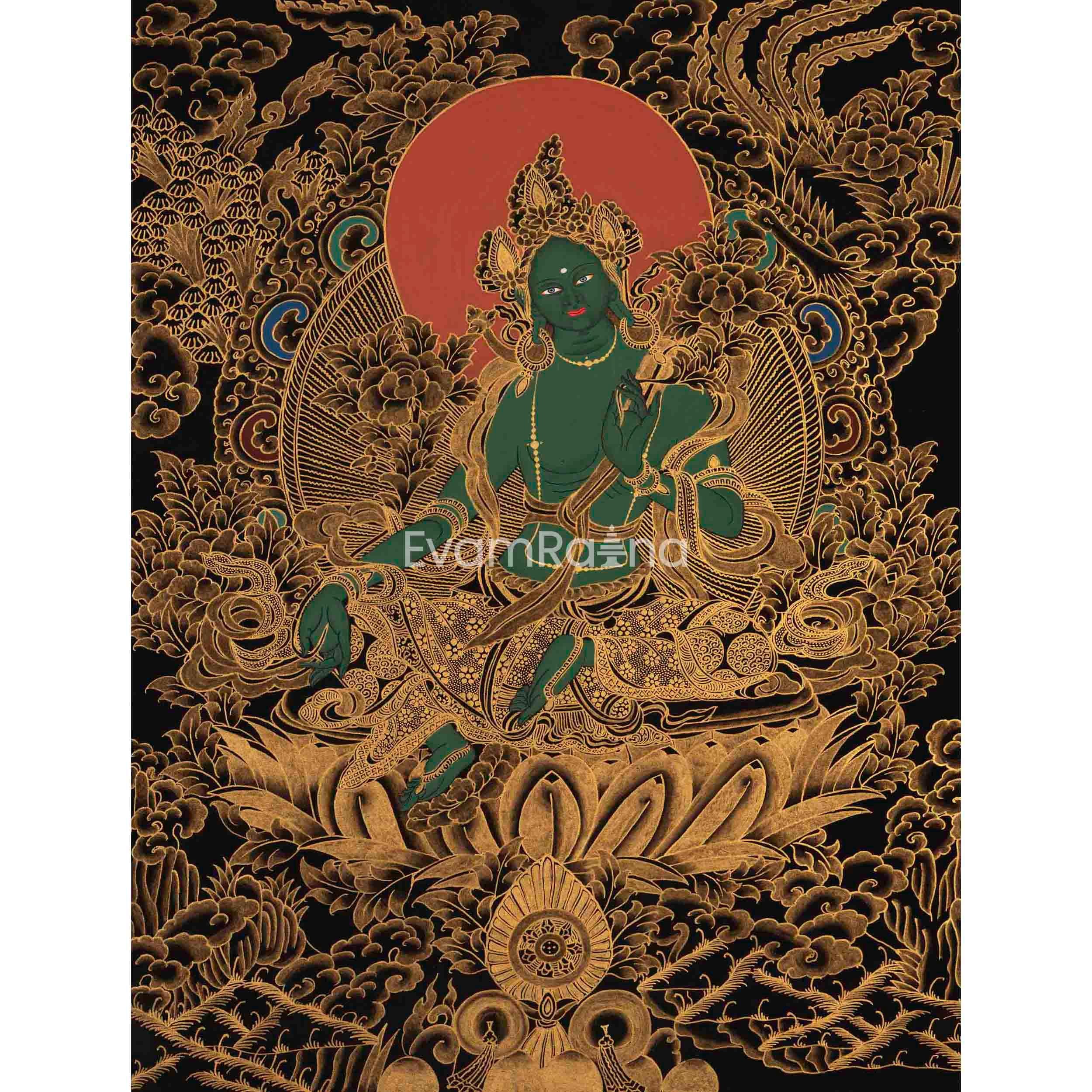 Green Tara Thangka | Original Hand Painted Art | Full Gold Style Healing Female Deity | Healing Tara Painting | Religious Wall Decorations
