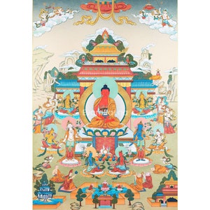 Amitabha Buddha Pureland Thangka | High Quality Giclee Canvas Print including the Brocade | Religious Wall Decor | Spiritual Gift Ideas