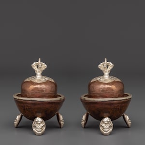 Traditional Tibetan Kapala Set | Skull Cup for Buddhist Tantric Ceremonies | Oxidized Copper & Electro-Silver Plated Skull Cups | Sacred Art