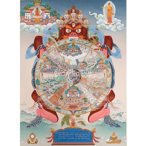 Ruota della vita, stampa buddista Mandala Thangka, pittura Bhavachakra per la meditazione buddista / Pittura buddista tradizionale / Prodotto in Nepal
