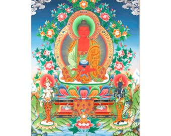 Amitabha Buddha Followed By Other Bodhisattvas | Tibetan Buddhist Thangka Print | Canvas Art for Meditation and Good Luck To House