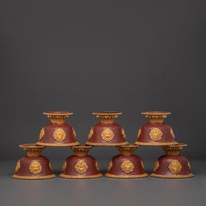 Tibetan Water Offering Bowl Set | Oxidized Copper & Gold-Plated Ritual Altar Bowls for Buddhist Meditation, Prayer and Blessing Ceremonies