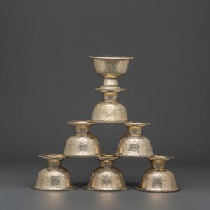 Buddhist Offering Altar Set | White Metal Ritual Bowls, Tibetan Sacred Water Cups, Spiritual Meditation Decor, Ritual Gift Set, Prayer Bowl