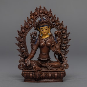 Green Tara Statue | Tibetan Mother Drolma Sculpture | Compassionate Deity | Traditionally Manufactured in Nepal | Face Gilded in 24k Gilded