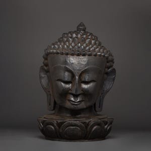 Buddhist Head Sculpture 50cm | Handcarved Wooden Buddha Head Statue, Black Zen Decor, Spiritual Meditation Bust | for Mindful Home Altar