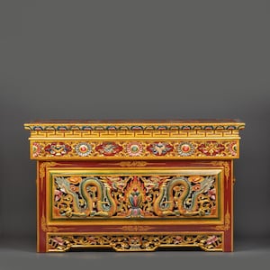 Large Folding Altar Table with Dragon Carving and Offering Art | Tibetan Buddhist Shrine Table | Hand-Painted Wood Ritual Table for Puja
