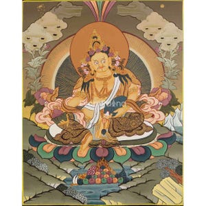 Yellow Dzambala Thangka | Kubera Tibetan Buddhist Thangka | Original Hand Painted Jambala Art | Wall hanging Painting For Wealth And Decor