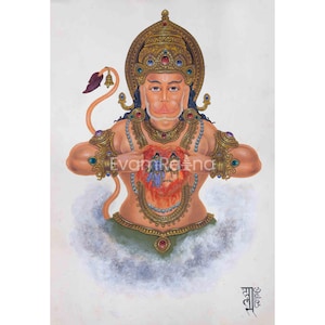 Hanuman Ji Depicted In Newari Paubha Print | The Monkey Commander Of The Monkey Army | Hindu Deity For Wall Hanging Digital Print