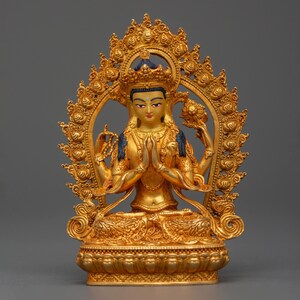 Gold Plated Chenrezig Statue in Copper | Avalokiteshvara Bodhisattva of Compassion | Buddhist Deity for Shrine, Meditation and Home Altar |