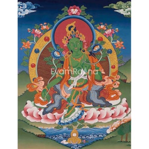 Green Tara Thangka | Original Hand Painted Healing Female Deity | Healing Tara Painting | Art Painting for Meditation and Yoga | Wall Decor
