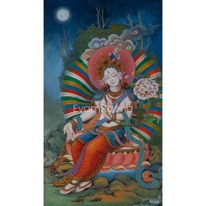 White Tara Goddess Buddhism Thangka Print For Prayers | The Female Buddha Art Canvas | Gift Ideas