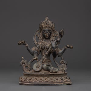 Handcrafted Saraswati Statue | Copper Body with Antique Finish | Hindu Goddess Saraswati Sculpture, Spiritual Home Decor, Meditation Idol