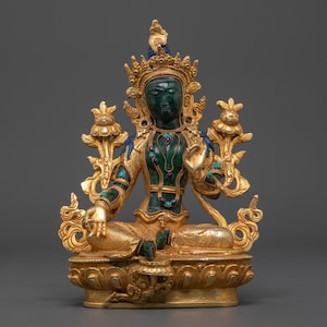 Compassionate Deity Shyama Tara Statue | Handmade Gold Plated Copper with Malachite Stone | Tibetan Buddhist Deity for Meditation & Healing