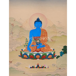 Original Bhaisajyaguru Painting | Tibetan Art of Healing | Medicine Buddha Thangka | Buddhist Arts | Home Decoration | Natural Stone Colors