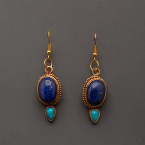 Turquoise and Lapis Lazuli Earrings | Handcrafted Gold-Plated Copper Dangle Earrings | Boho Gemstone Jewelry | Ethnic Tribal Drop Earrings