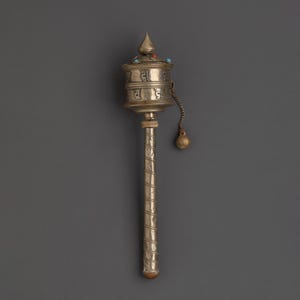 Buddhist Handheld Prayer Wheel | Handcrafted White Metal Prayer Wheel with Turquoise & Coral | Tibetan Ritual Tool for Meditation and Peace