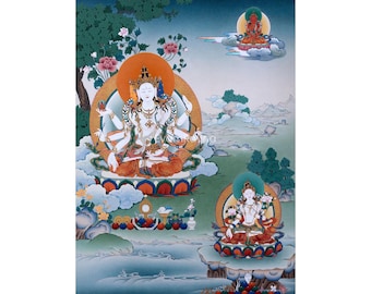 Namgyalma (Ushnisha Vijaya) With Amitayus and White Tara Thangka Print | High Quality Giclee Canvas Print | Spiritual - Evamratna