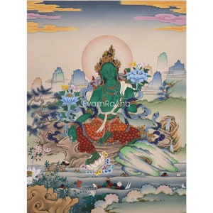 Green Tara Guru Giclee Print For Tara Practice | Tibetan Poster For Living Room Decor | Large Canvas Art | Traditional Hand Paint |