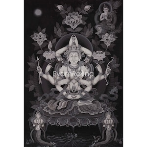 Arya Manjushree Namsangiti Thangka Drucke | Newari Schwarz-Weiß-Drucke | Tibetanische Wandbehang Digital Art | Digitaldruck