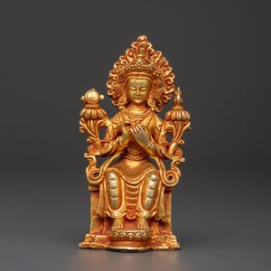 Tibetan Maitreya Buddha Figure in Gold-Plated Copper | Seated Future Buddha Statue for Altar, Meditation, Home Decor & Spiritual Practice
