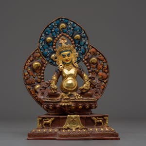 Copper Dzambhala Statue with Throne | Gold Plated Wealth Deity | Oxidized Copper Buddhist God of Fortune for Shrine and Meditation Decor