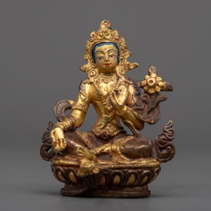 Mother Green Tara Statue for Wisdom and Compassion | Tranquil Beauty in Gleaming Copper for Mediation Practice | Tibetan Buddhism Artwork |