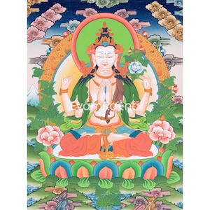 Traditional Chenresig Thangka | Bodhisattva of Compassion | Avalokiteshvara, Wisdom Buddha | Buddhist Wall Decor Art | Peace and Meditation